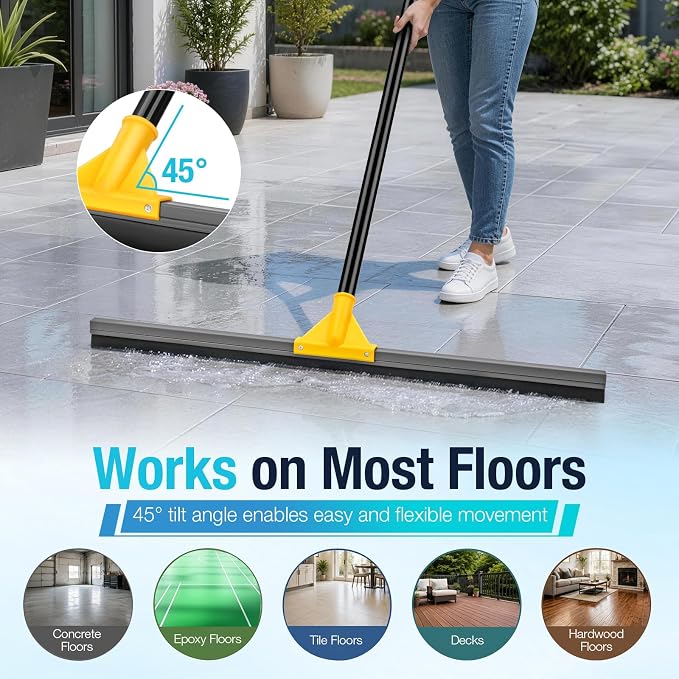 SOBONNE 30" Large Floor Squeegee Broom for Concrete Water Removal | Heavy Duty Double Rubber Water Squeegee/57" Long Handle for Tile Deck Bathromm Pool Warehouse Outdoor/Yellow