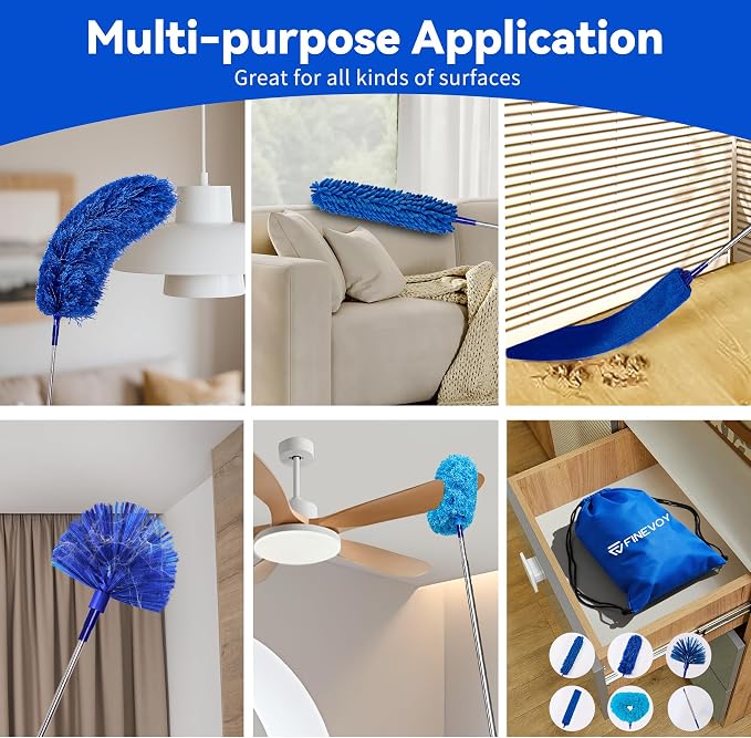 Duster with Extension Pole, 7 in 1 Cleaning Kit with Microfiber Dusters | Long Dusters for Cleaning High Ceilings, Cobweb Duster for Fan and Blinds, Feather Dusters Kit for Furniture Indoor Use