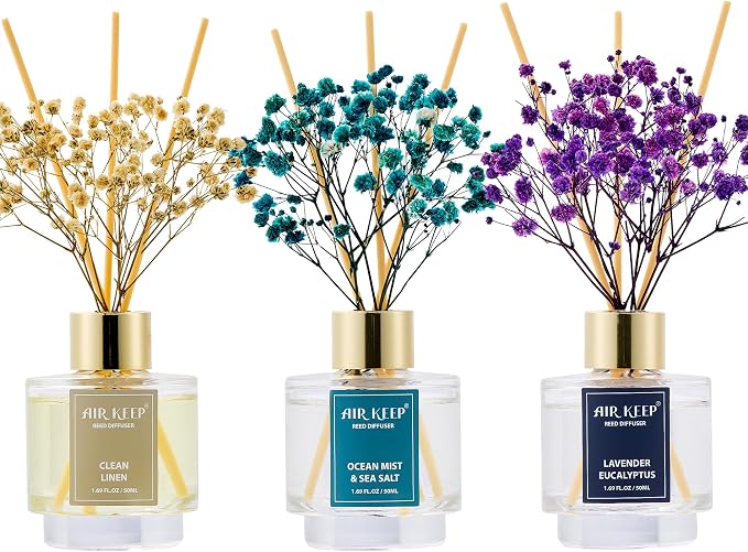Reed Diffuser Set of 3,Clean Linen Ocean Mist&Sea Salt Lavender Eucalyptus Oil Reed Diffusers for Bedroom Living Room Office Aromatherapy Oil Reed Diffuser for Gift 50ml x 3