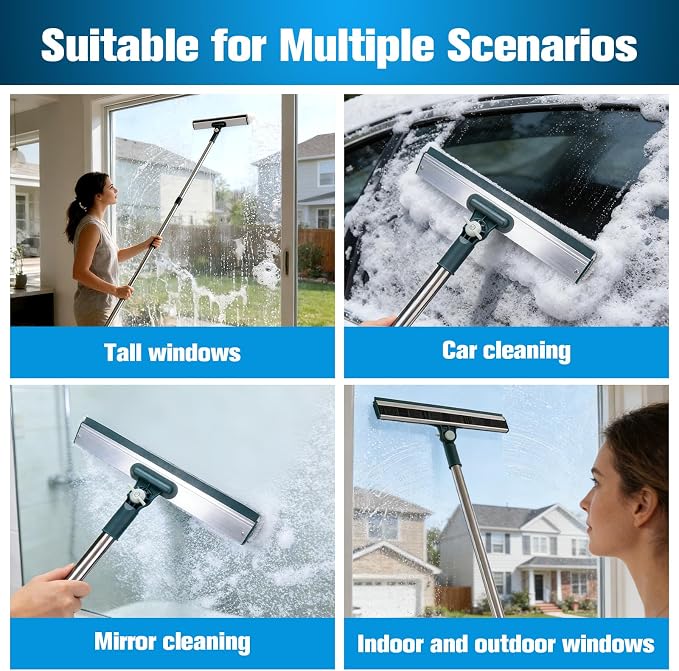 Window Cleaning Kit Tool with Storage Bucket & Extension Pole | Window Washing Kit with Extension Pole,Professional Windows Washer Cleaner Squeegee Kits,Indoor&Outdoor High Windows