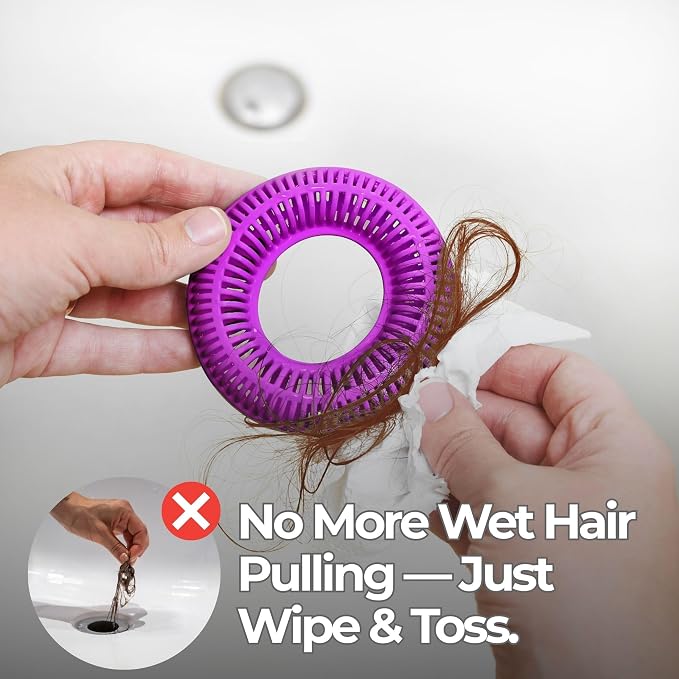 TUB RING The Ultimate Tub Drain Protector Hair Catcher/Strainer/Snare, Regular - Purple | Easy snap-in design fits around bathtub stoppers. Customizable utility guard for clog prevention. Fits 1.85"- 2.16" drains. .