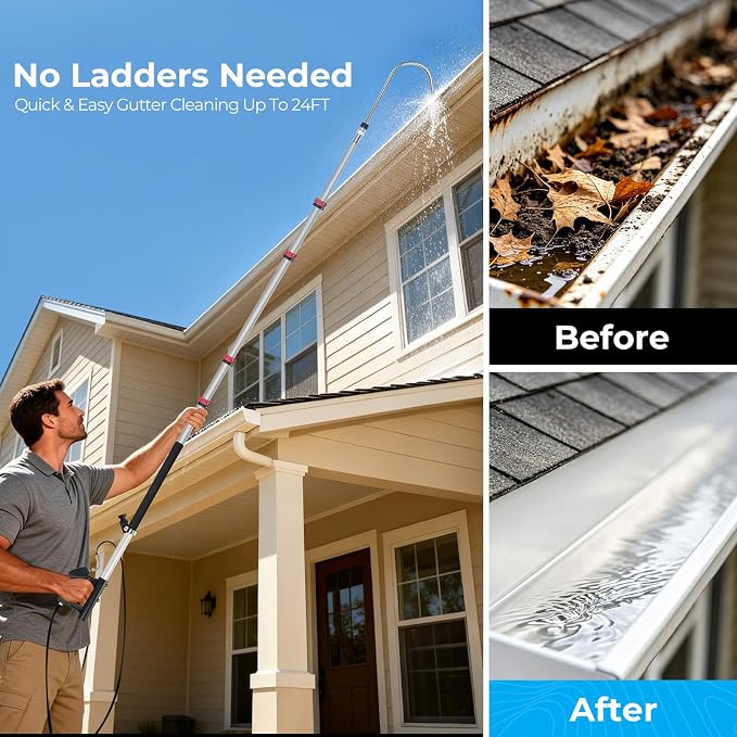 Gutter Cleaning Tools 24 FT Pressure Washer Telescoping Wand with 3 Extension Wands, Gutter Cleaner Attachment, Brush Head, 5 Spray Nozzle Tips, 3 Hose Adapters and Adjustable Support Belt