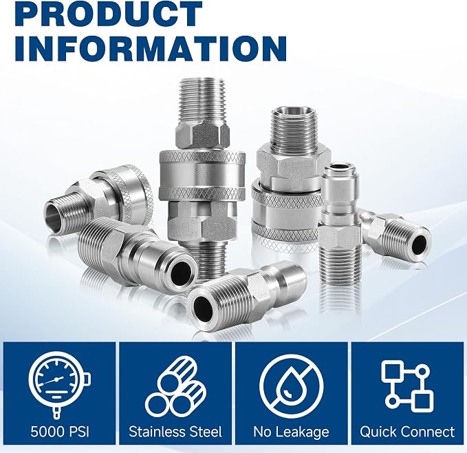 3/8 Inch NPT Pressure Washer Quick Connect Adapter Set, 12-Piece | Stainless Steel Male Thread Fittings for Compatible Hose, Gun, Wand and Surface cCeaner Connections, Rated Up to 5000 PSI