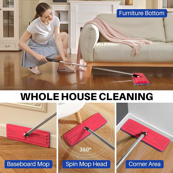 JOYMOOP Flat Mop Replacement Set, Microfiber Cleaning Tool with 60" Handle and Flexible 13" Head, Black & Red, for Floor and Wall Cleaning