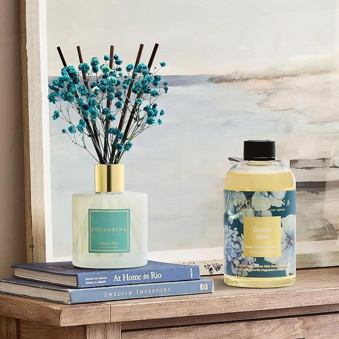 Reed Diffuser Refill Ocean Mist 17oz (500ml) with 8 Sticks - Premium Long-Lasting Scented Oil, Home Fragrance for Bedroom, Bathroom Home Decor