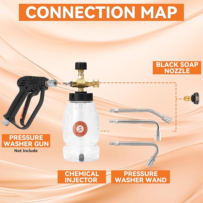 JOEJET Chemical Injector for Pressure Washer with 3 Curved Wands, 1 Liter | Adjustable Power Washer Soap Injector with Nozzle, 30°90°120° Stainless Steel Rods, 1/4 Inch Quick Connect, 3600 PSI