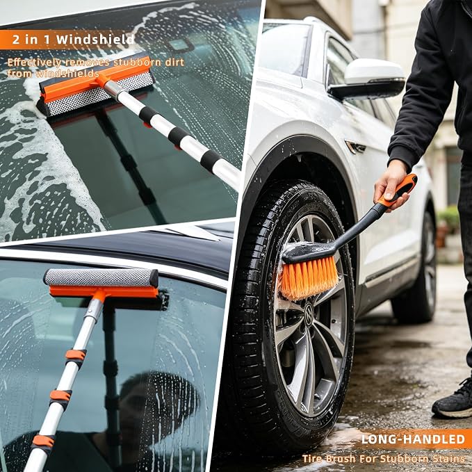 12FT Car Wash Brush with Long Handle Extension Pole Soft Bristle Car Cleaning Kit,Wheel & Tire Brush,Microfiber Wash Mop & Mitt,Window Squeegee,Detailing Brushes for Car RV Truck Boat House