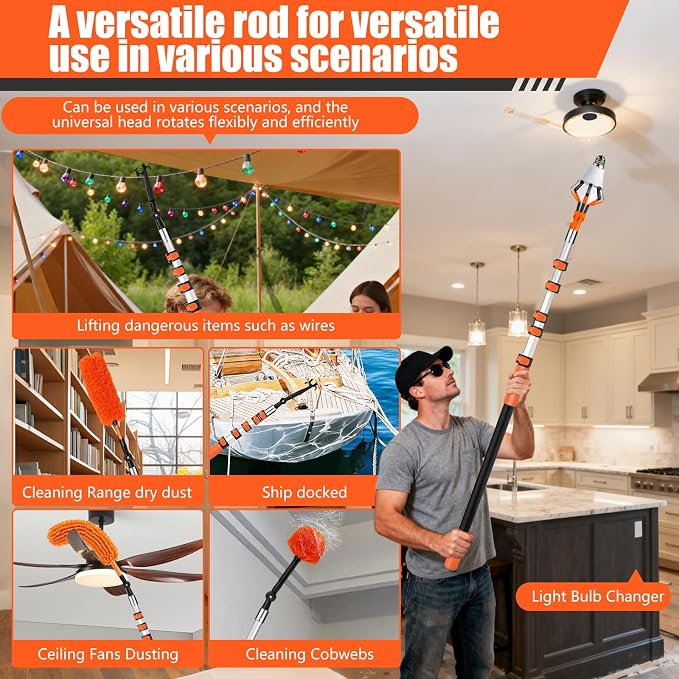 30FT High Ceilings Cobweb Dusters for Cleaning Kit with Extension Pole | Telescoping Lightbulb Changer,Spider Web Brush Extendable Duster,Ceiling Fan Cleaner and Window Squeegee Cleaning