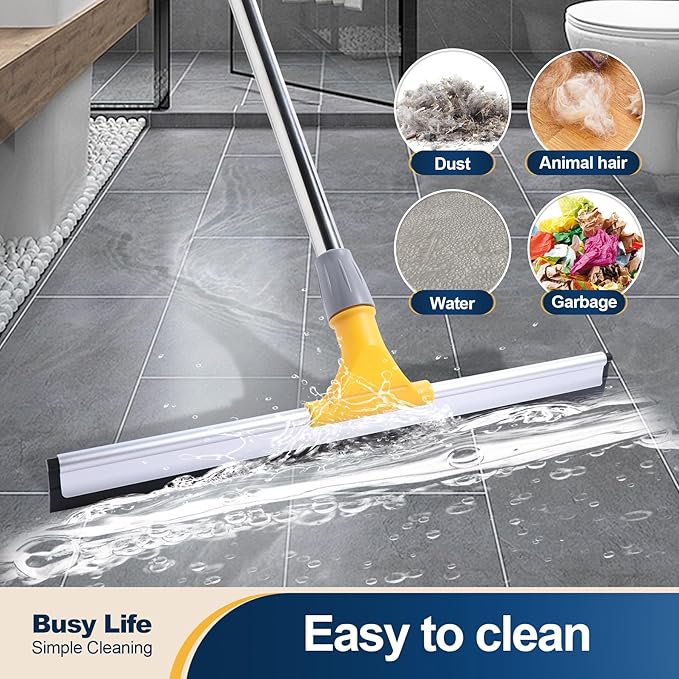 Yocada Rubber Floor Squeegee 17.7" TPR Blade Scrubber Broom 61.8inch Pole | Household Broom for Garage Courtyard Shower Bathroom Floor Marble Glass Tile Water Foam Pet Hair Removal Cleaning