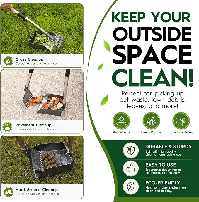 Dog Pooper Scooper for Large Dogs，10.25"X9.26" Extra Large Tray | Free with three extension rods, Reduce the frequency of garbage trips, for Large, Medium, Small Dogs & Multi-Dog Households