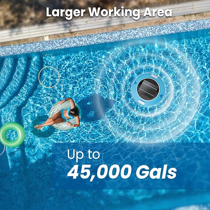 Solar Powered Pool Water Care Device for Above Ground & Inground Pools Up to 45,000 Gallons, Floating Pool Maintenance System with Thick Copper Component, Low Maintenance Pool Care Solution - Blue