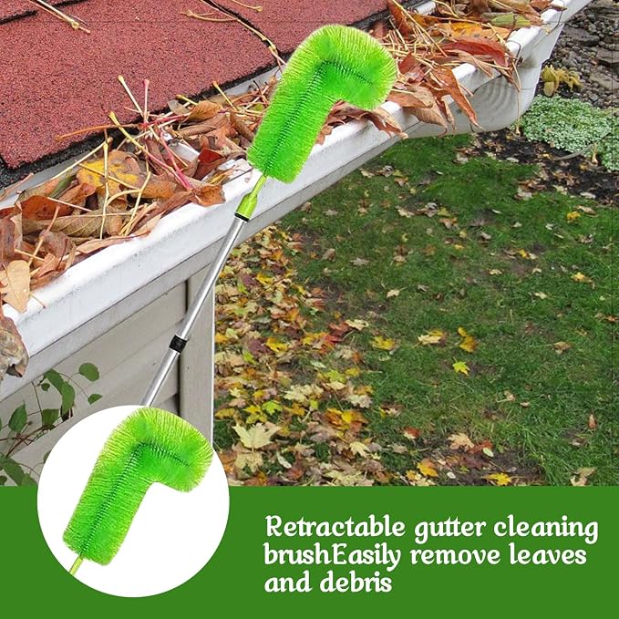 Gutter Cleaning Brush Extendable Guard Cleaner Tool with 8 Pcs Telescoping Handle Extension Pole 10ft, Gutter Cleaning Tools from The Ground for Easy Removing Leaves Debris Window Cleaner (Green)