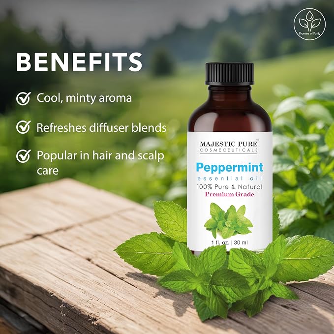 Majestic Pure Peppermint Essential Oil for Diffuser - 1 Fl Oz | 100% Pure & Natural Essentials Oils for aromatherapy, massage blends and DIY home fragrance projects, Massage and room sprays