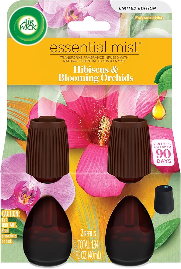 Air Wick Essential Mist Refill, 2 ct, Hibiscus & Blooming Orchids, Essential Oils Diffuser, Air Freshener, White, 1.34 Fl Oz