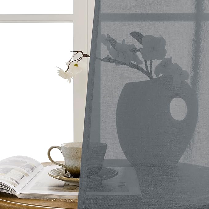 Tollpiz Sheer Door Curtain Closet Linen Textured Curtain Sheers Doorway Light Filtering Voile French Door Rod Pocket Curtains Patio Glass Door, 25 x 80 inches Long, Dark Grey, Set of 1 Panel