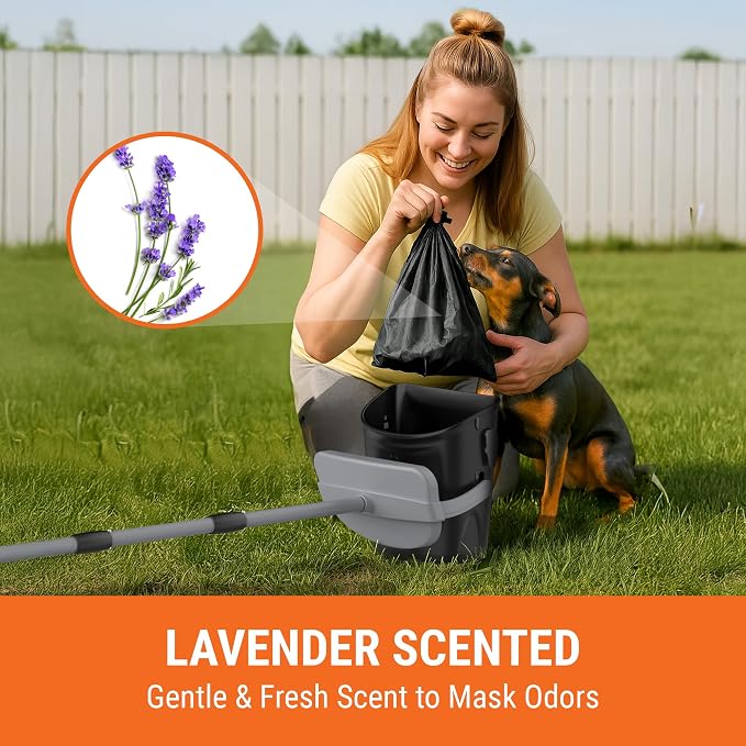 Pupzle Dog Pooper Scooper with Bag Attachment, 40" Long Handle | Dog Poop Scoop for Yard, Large Capacity Swivel Bin and Rake Pooper Scooper, Lavender Scented Bags for Large Dogs (Green)