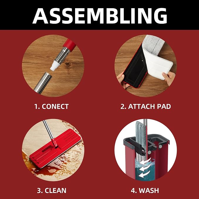 BOSHENG Mop and Bucket with Wringer Set, Flat Mop and Bucket, Squeeze Floor Mop with 3 Washable Microfiber Mops, Wet and Dry Use, Household Cleaning Tools, for Hardwood Floor, Laminate, Tile