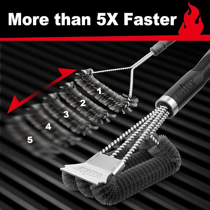 GRILLART Grill Brush, 18'' Extra-Strong Handle, BBQ Cleaner with Scraper | Remove Tough Grime, Triple Safe Wire Bristle Scrubbers, for Gas, Charcoal & Smoker, Steel Grates, 360°Wizard Cleaning