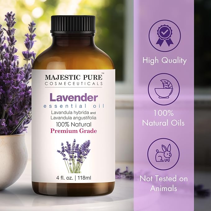 Majestic Pure Lavender Essential Oil for Diffuser - 4 Fl Oz (Pack of 2) | 100% Pure & Natural Ideal for diffuser use, aromatherapy, massage, soap making, candle making home fragrance