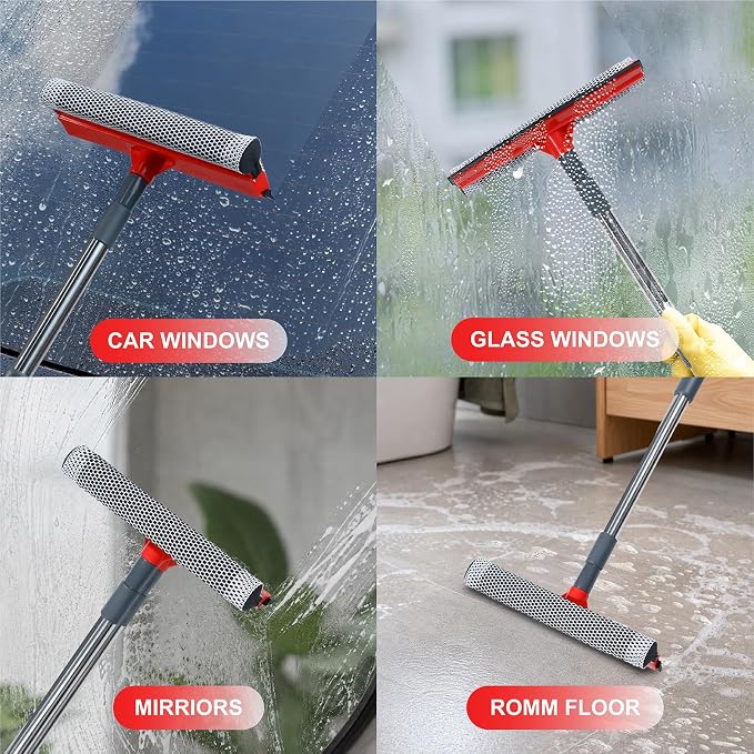 Window Squeegee with 19-37" Long Handle, 2 in 1 Window Cleaner Tool with TPR Squeegee&Sponge for Car Windshield, Shower Glass, Glass Doors, Outdoor Windows, High Windows