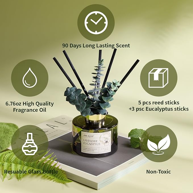 Reed Diffuser Set with 6.76 fl oz Lavender Eucalyptus Scent Essential Oils and 3 Leaves & 8 Diffuser Sticks,Bathroom Shelf Decor & Air Freshener, House Bedroom Office Decor & Gifts