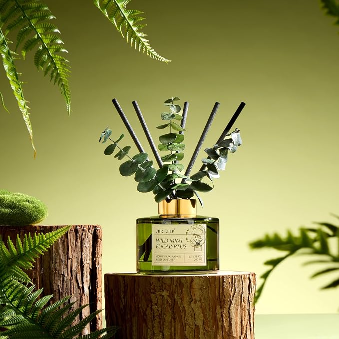 Reed Diffuser Set with 6.76 fl oz Wild Mint & Eucalyptus Scent Essential Oils and 3 Leaves & 8 Diffuser Sticks,Bathroom Shelf Decor & Air Freshener, House Bedroom Office Decor & Gifts