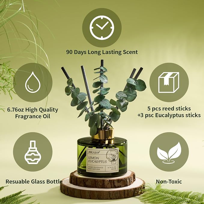 Reed Diffuser Set with 6.76 fl oz Lemon Eucalyptus Scent Essential Oils and 3 Leaves & 8 Diffuser Sticks,Bathroom Shelf Decor & Air Freshener, House Bedroom Office Decor & Gifts