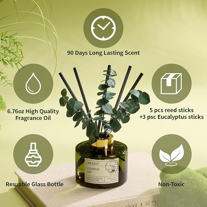 Reed Diffuser Set with 6.76 fl oz Jasmine Lily Scent Essential Oils and 3 Leaves & 8 Diffuser Sticks,Bathroom Shelf Decor & Air Freshener, House Bedroom Office Decor & Gifts