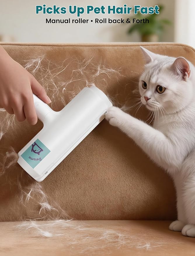 DELOMO Pet Hair Remover Roller, Reusable Lint Roller for Dog and Cat Hair | Portable Pet Hair Roller with Large Fur Bin, Fast Cleaning for Couches, Bedding, Rugs, Car Seats and Furniture, No Batteries