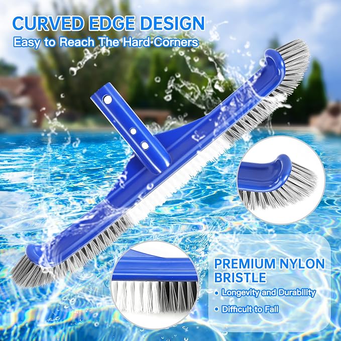 Pool Brush Head, 17" Pool Brushes for Cleaning Pool Walls, Curved Ends High-Efficiency Pool Scrub Brush,Premium Nylon Bristles Pool Brush with EZ Clip
