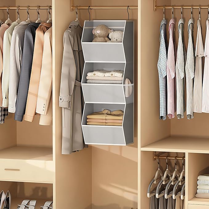 Closet Hanging Organizer with Pockets, 3 Shelf Hanging Clothes Organizers | Kids Closet Organizers and Storage for Clothes Fabric Hanging Storage Bins for Wardrobe Closet Organization and Storage, Grey