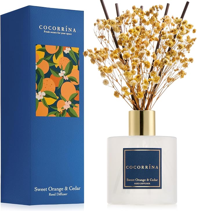 Reed Diffuser - Sweet Orange & Cedar 6.7 Fl.oz Reed Diffuser Set with Sticks & Preserved Baby's Breath, Reed Diffuser for Home Bathroom Shelf Decor