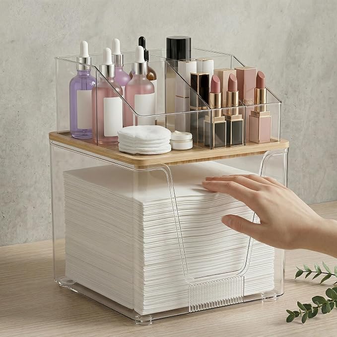 Disposable Facial Towels Holder, 2 in 1 Facial Towels Storage Box | Clear Acrylic Box with Bamboo Lid Stackable Vanity Organizer Cosmetics Organizer Compatible with Clean Skin Club Towel XL