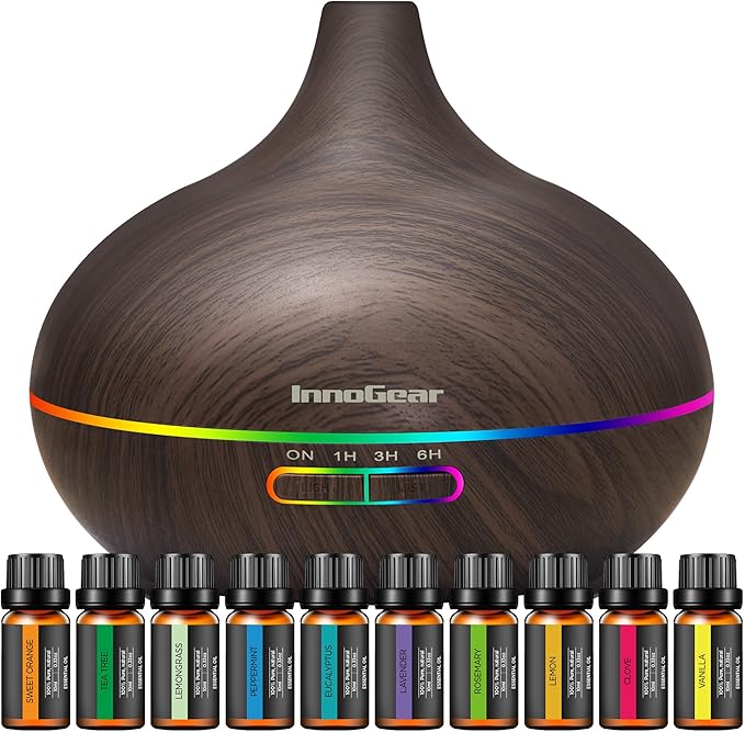 InnoGear 400ml Aromatherapy Essential Oil Diffuser 10 Oils Gift Set, Dark | Cool Mist Humidifier, Essential Oils, Ultrasonic, 4 Timers, Run up to 12hrs, Large Room, Home, Automatic Shut-Off, Quiet