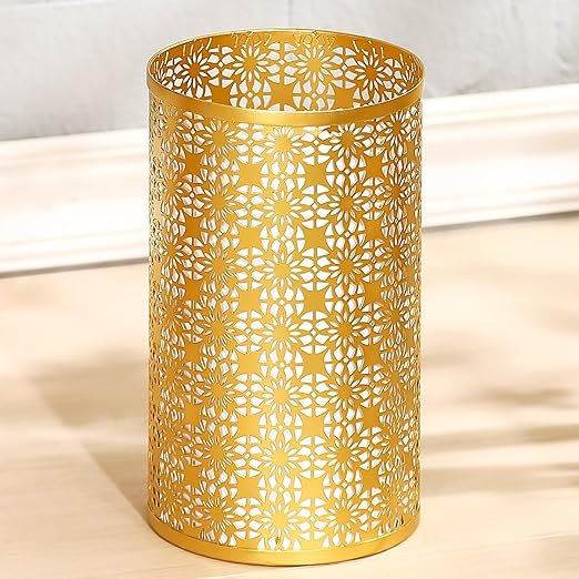 Small Gold Trash Can, Decorative Floral Waste Basket with Perforated Design, Elegant Gold Garbage Can for Bathroom, Bedroom, Office and Kitchen, 7" W X 7" L X 12" H