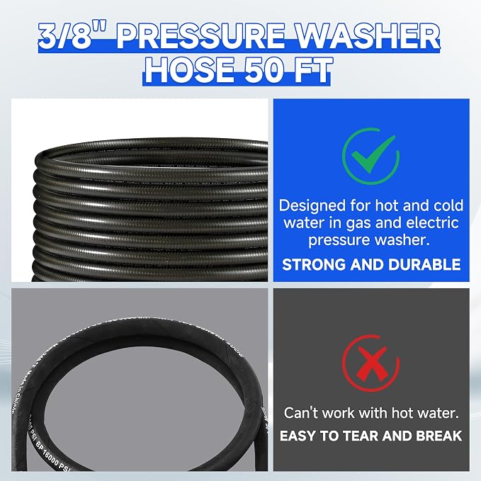 RIDGE WASHER Pressure Washer Hose 50 Feet X 3/8 Inch, 6000 PSI | 2-Wire Steel Braid Hose (R2) for Hot and Cold Water, 3/8 Inch Quick Connect