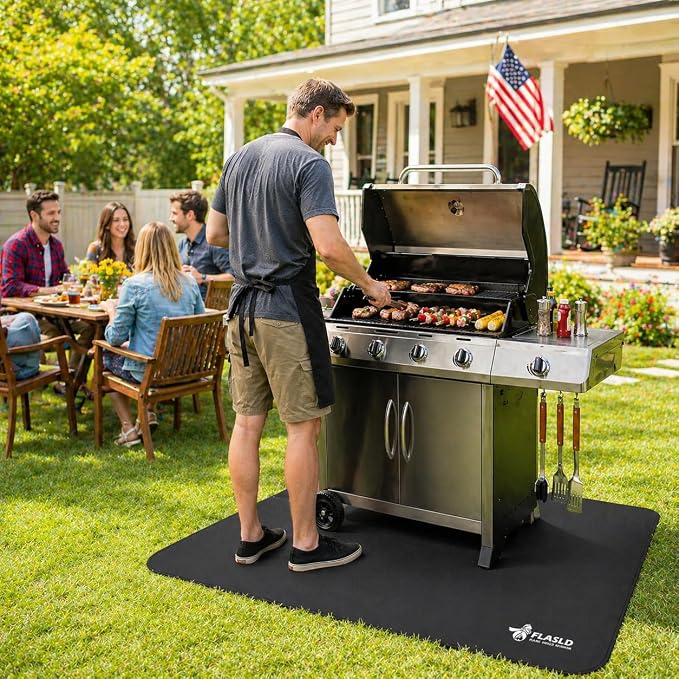 FLASLD 36 x 48 inches Under The Grill Protective Deck and Patio Mat, Fireproof Fireplace Mats to Protect Floor and Deck, Waterproof and Oil-Proof Pad Protector for Grass Lawn, Black