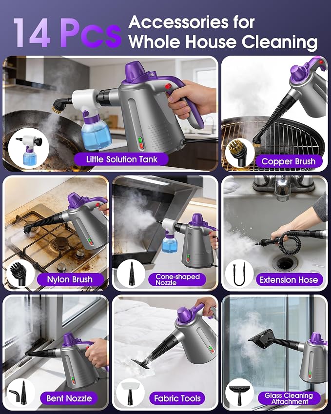 Handheld Steam Cleaner for Home, Steamer for Cleaning Purple | Upholstery Bed Furniture Couch Carpet Car Pressurized Multi Purpose 14 Accessories & Safety Lock, Small Container for Grease