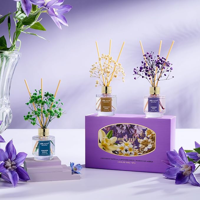 Reed Diffuser Set of 3, Cinnamon Vanilla Lavender Field Moroccan Amber Oil Reed Diffusers for Bedroom Living Room Office Aromatherapy Oil Reed Diffuser for Gift 50ml x 3