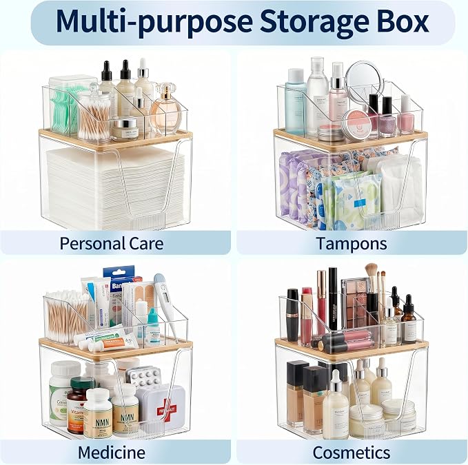 Disposable Facial Towel Holder, 2 Tier Cosmetic Storage Organizer Box | Clear box with Bamboo Lid Compatible with Clean Skin Club Towel XL, Skincare Organizer for Vanity Bathroom Countertop, 1 Pack