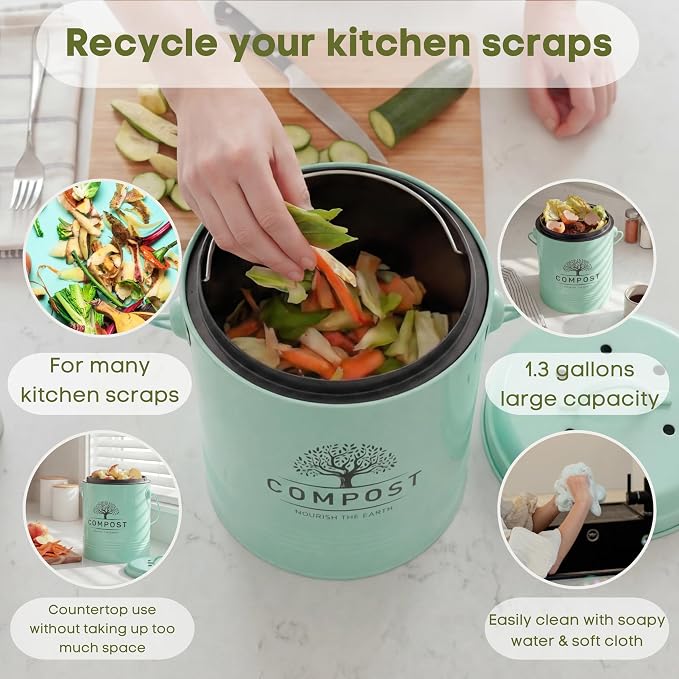 Perfnique Kitchen Compost Bin, 1.3 Gallon Countertop Compost Bin with Lid, Indoor Compost Bucket Includes Inner Bucket Liner and Carbon Filter, Small Compost Bin with Trash Bags (with Bags, Mint)