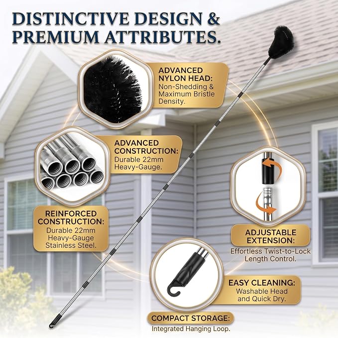 12.7 FT Gutter Cleaning Tools from The Ground with 2Pcs Nylon Brush Stainless Steel Telescopic Pole Adjustable Gutter Cleaner Tools No Ladder Needed for Easy Remove (Black)