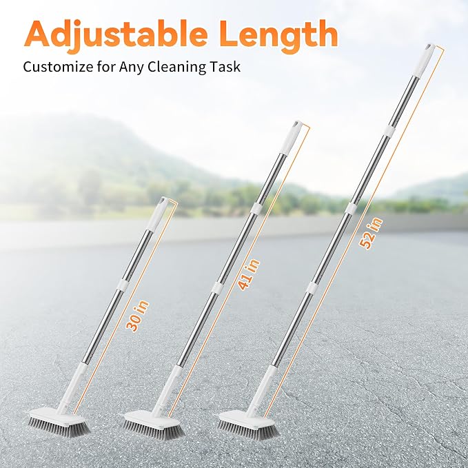 Floor Scrubber, Stainless Steel Wire Scrub Brush with Long Handle | Sturdy, with Squeegee, Deep Cleaning for Concrete, Patio, Driveway, Garage Floor, Pavers, Grout & Moss Removal
