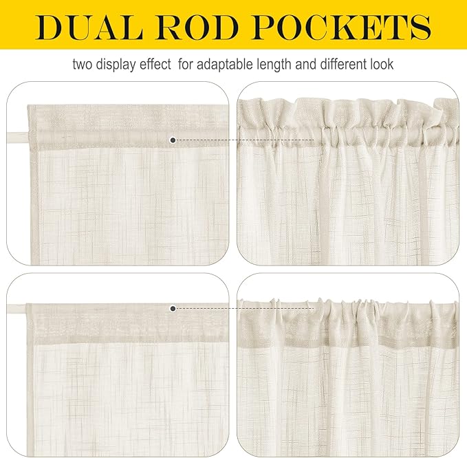 NICETOWN French Door Sheer Curtains for Front Back Patio Glass Door Light Filtering Window Treatment with 1 Tieback, 26" Width x 40" Length, Beige, 1 Panel