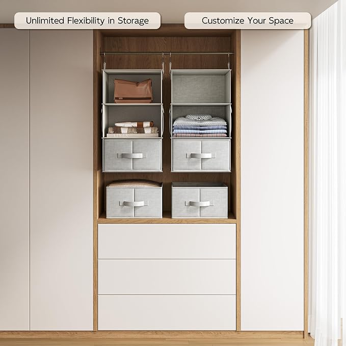 2 Pack 3-Shelf Hanging Closet Organizer with 2 Drawers, Silver Gray | Two Hanging Organizers with Fabric Drawers, Space-Saving Closet Storage for Clothes, Baby Items, Nursery and Dorm Rooms
