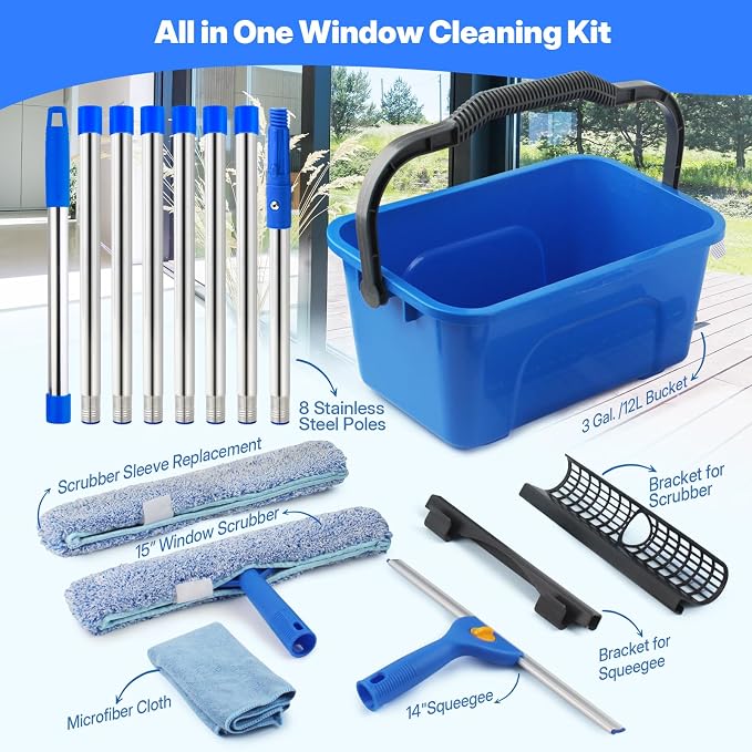 10Ft Professional Window Cleaning Kit with Bucket for Home & Commercial | 120" High Window Squeegee, Microfiber Scrubber, 3 Gal Bucket, Window Cleaning Equipment Washing Kit, Cleaner Tool for Outdoor