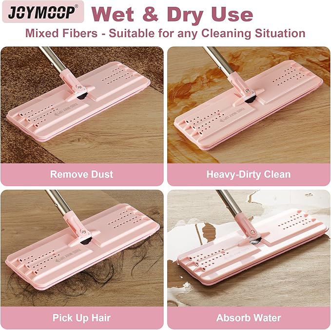 JOYMOOP Flat Mop, Microfiber Cleaning Pad for Floor Cleaning, 60" Long Handle with Flexible Mop Head, Pink