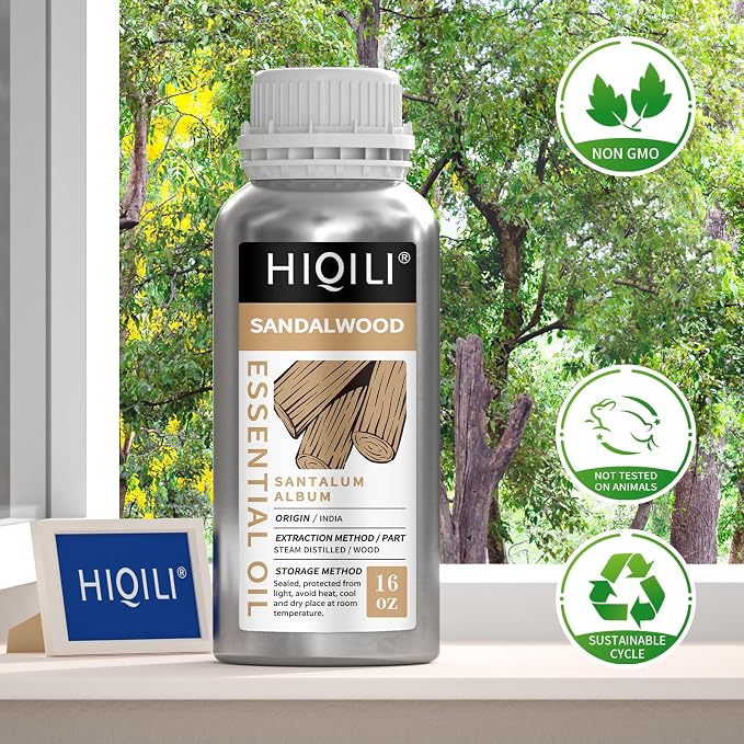 HIQILI Sandalwood Essential Oil Long-Lasting Scent for Skin Care & Diffuser | Large Capacity for DIY Perfume Blending & Full-Body Massage, Ideal for Hotels, DIY Studio, Beauty Salon, Sauna - 16 fl oz