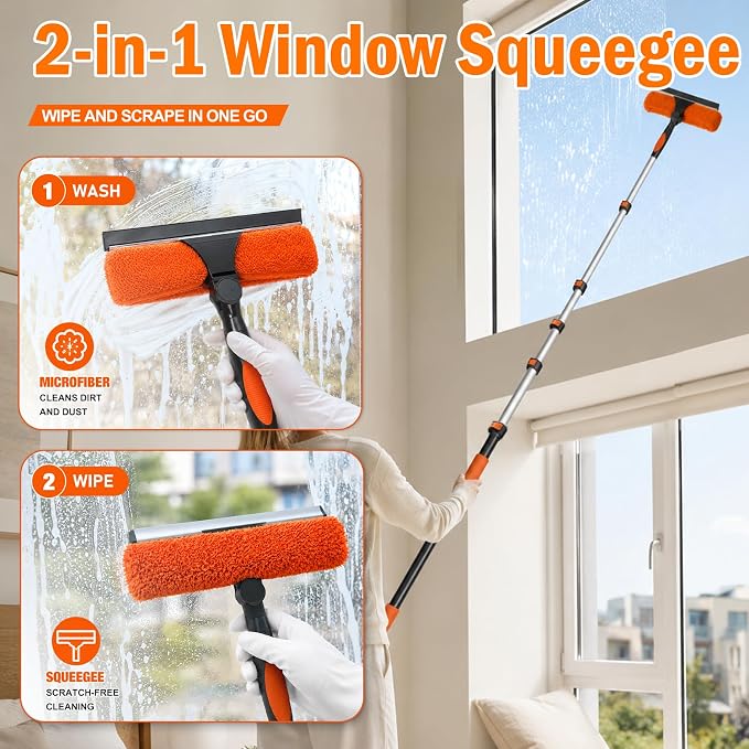 LAANPOLE 30FT High Reach Duster Cleaning Kit with Extension Pole, High Ceiling Fan Cleaner Duster Tool for Fan Blades, Window Washing Kit with Microfiber Feather Duster & Window Squeegee