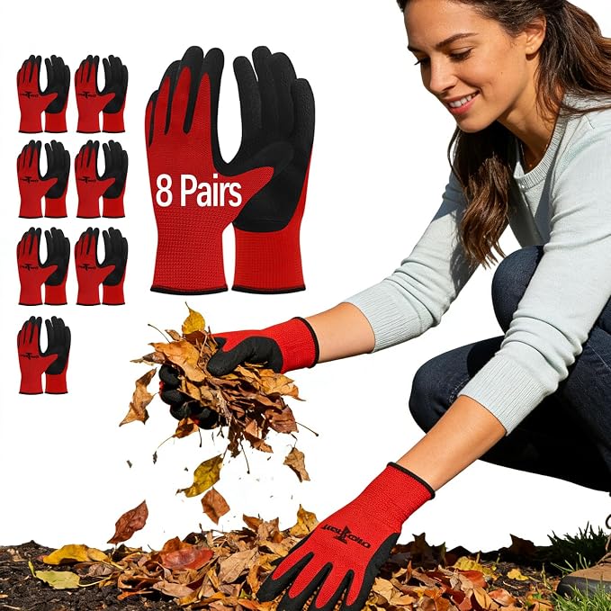 8 Pairs Bulk Gardening Gloves for Men & Women, Foam Dipped Latex Work Gloves with Non-Slip Grip, Breathable Stretch Garden Gloves for Yard Work, Landscaping & Outdoor Use